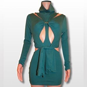 Elegant Teal Cut-Out High Neck Dress